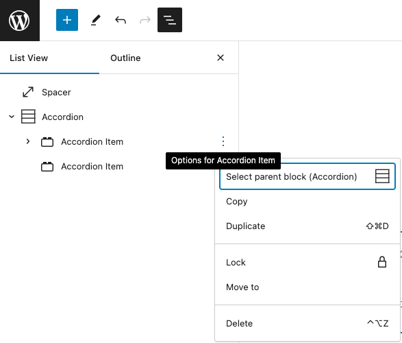 Accordion Item options in Gutenberg list view